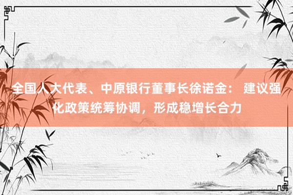 全国人大代表、中原银行董事长徐诺金： 建议强化政策统筹协调，形成稳增长合力